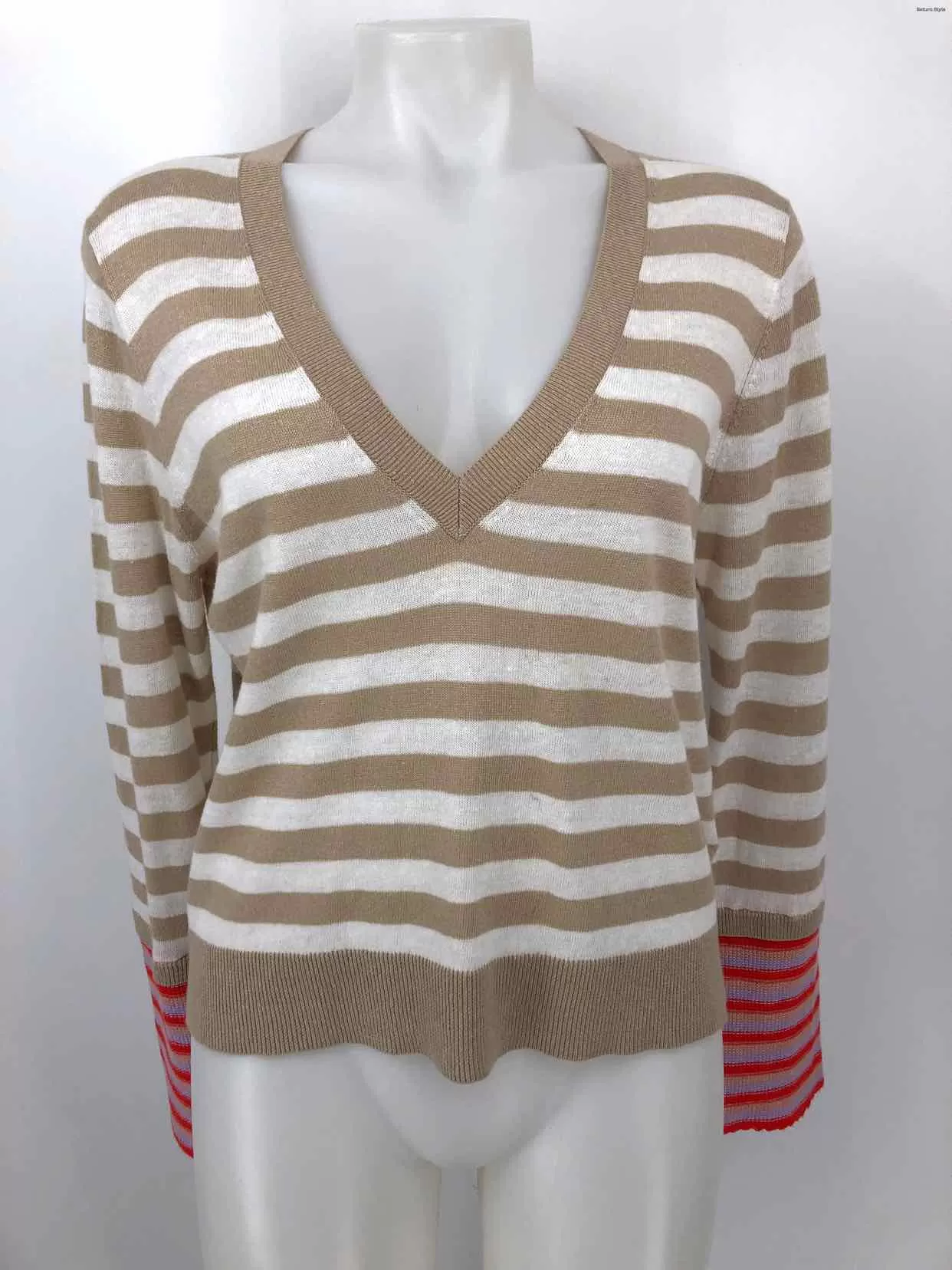 VERONICA BEARD Beige White Linen & Cotton Striped Longsleeve Sweater