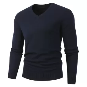 Winter Casual Navy Color Flat Knitted V Neck Pullover Sweater for Men