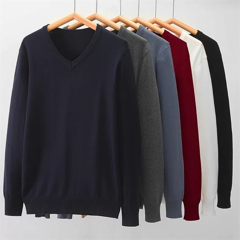 Winter Casual Navy Color Flat Knitted V Neck Pullover Sweater for Men