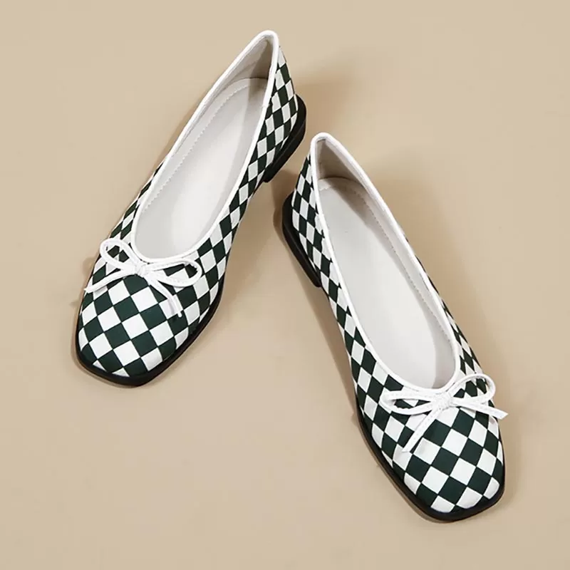 Women Bow Checkerboard Single Shoes 