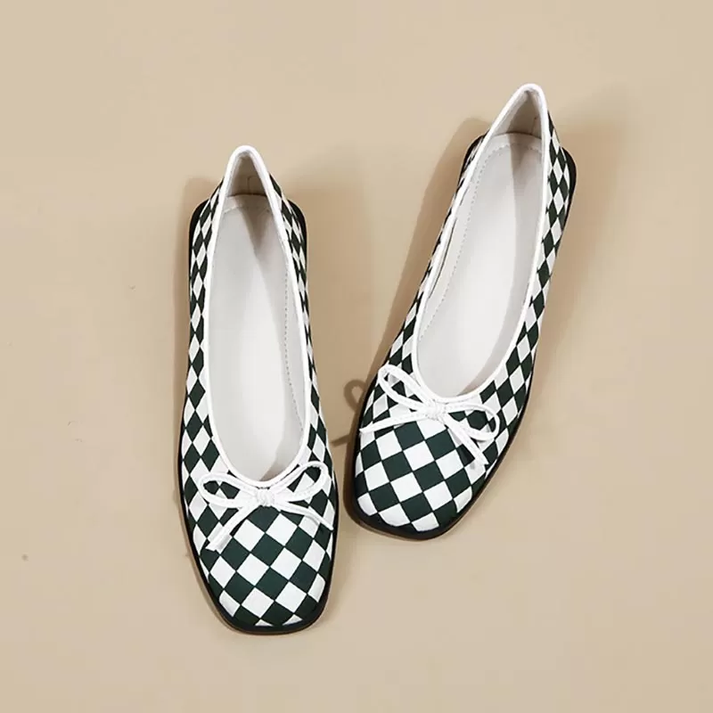 Women Bow Checkerboard Single Shoes 