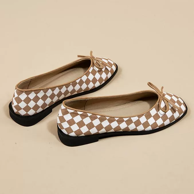 Women Bow Checkerboard Single Shoes 