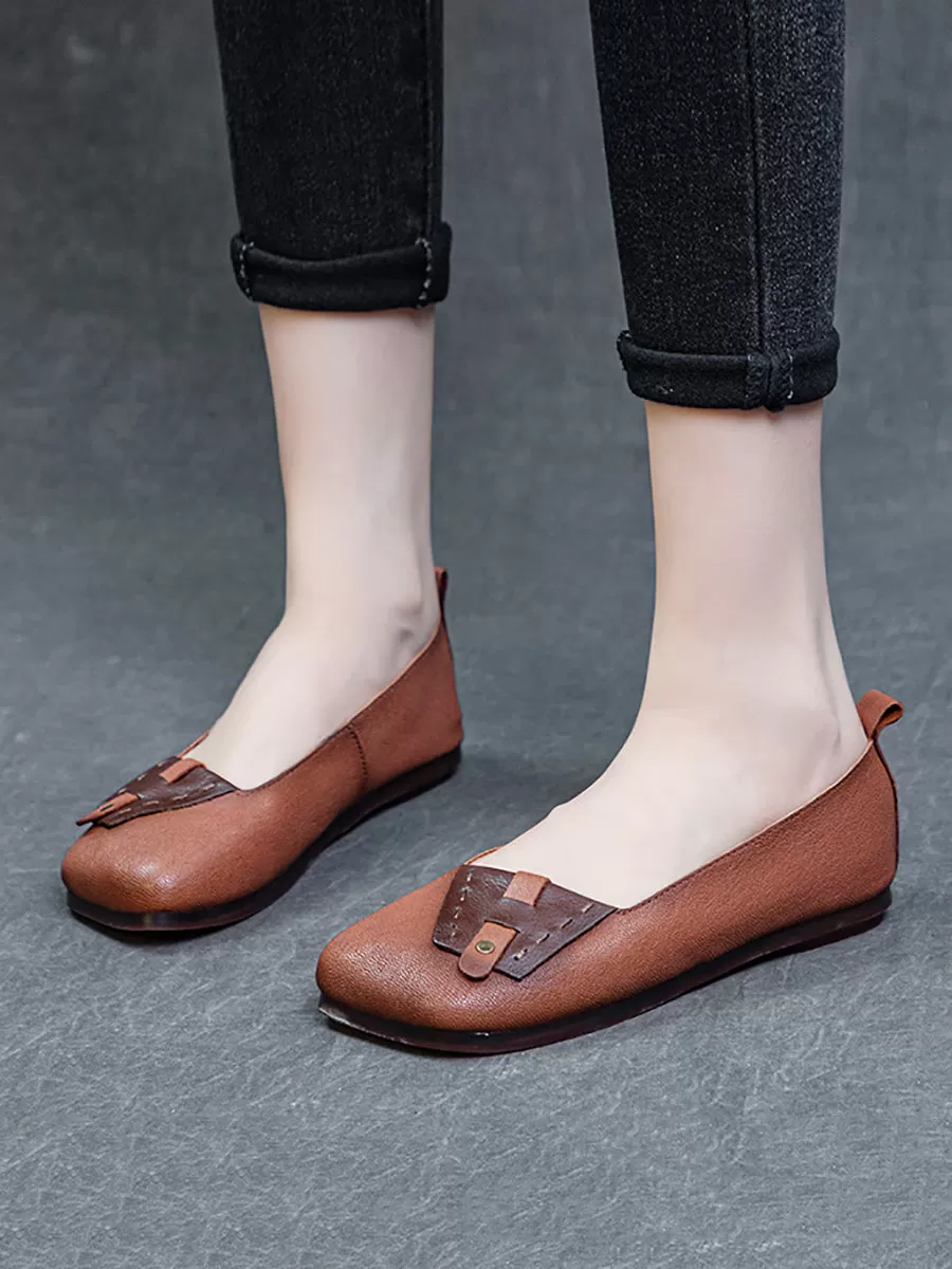 Women Summer Ethnic Colorblock Leahter Soft Flat Shoes KL1025