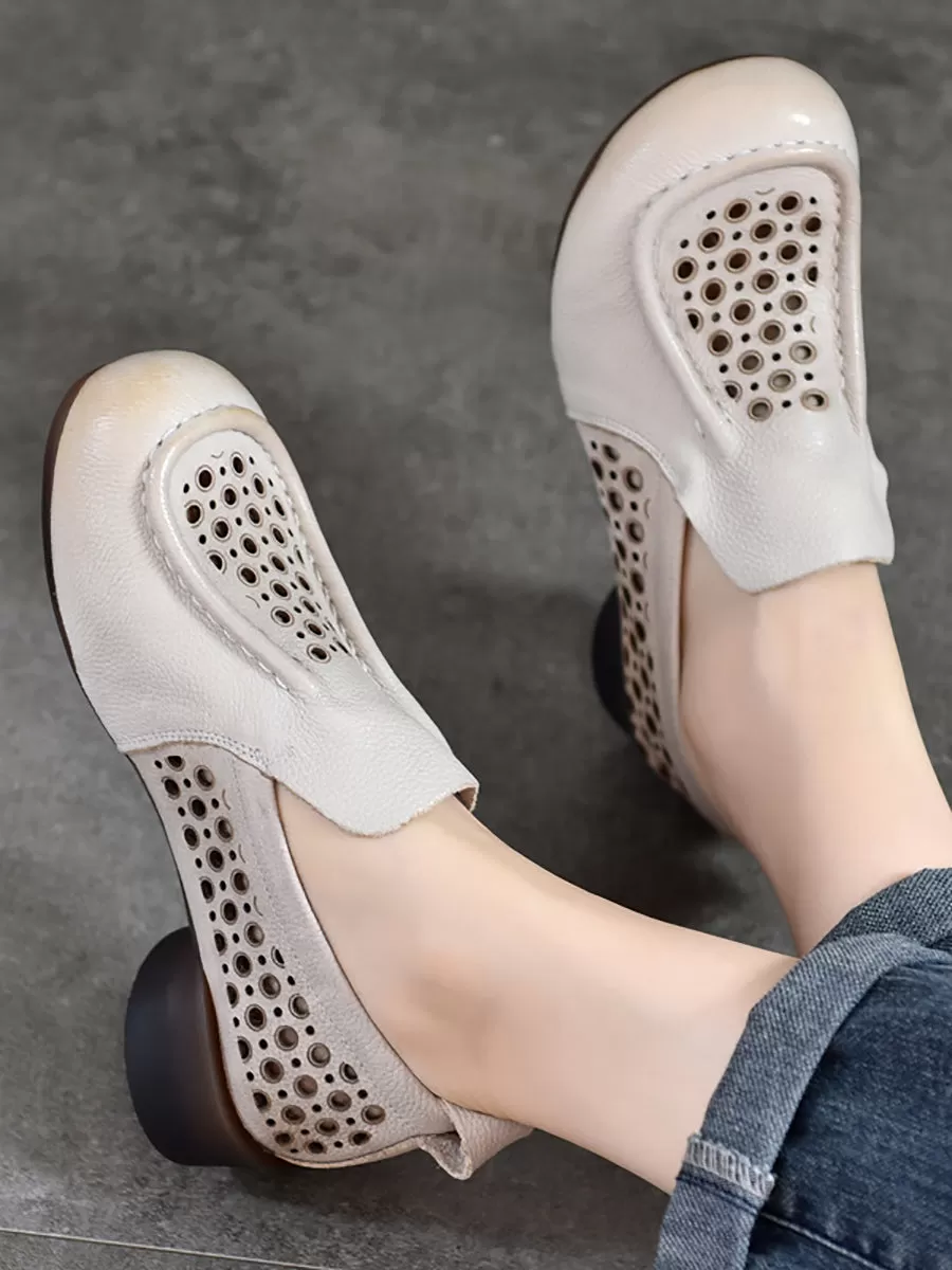 Women Summer Solid Casual Cutout Leather Low Heel Shoes KL1023