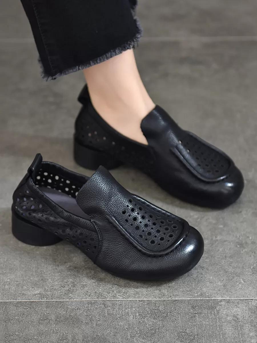 Women Summer Solid Casual Cutout Leather Low Heel Shoes KL1023