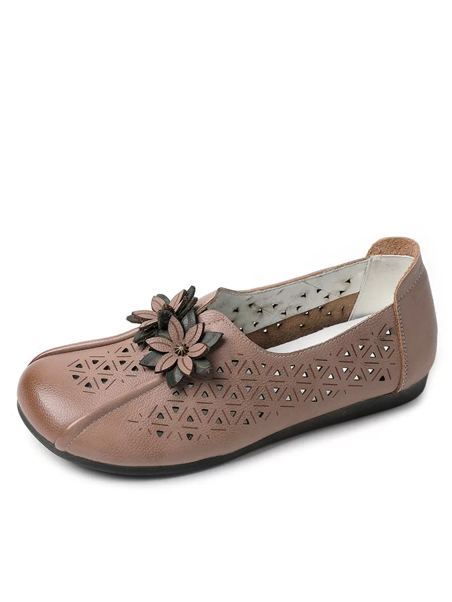 Women Vintage Leather Flower Cutout Flat Shoes KL1034