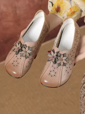 Women Vintage Leather Flower Cutout Flat Shoes KL1034