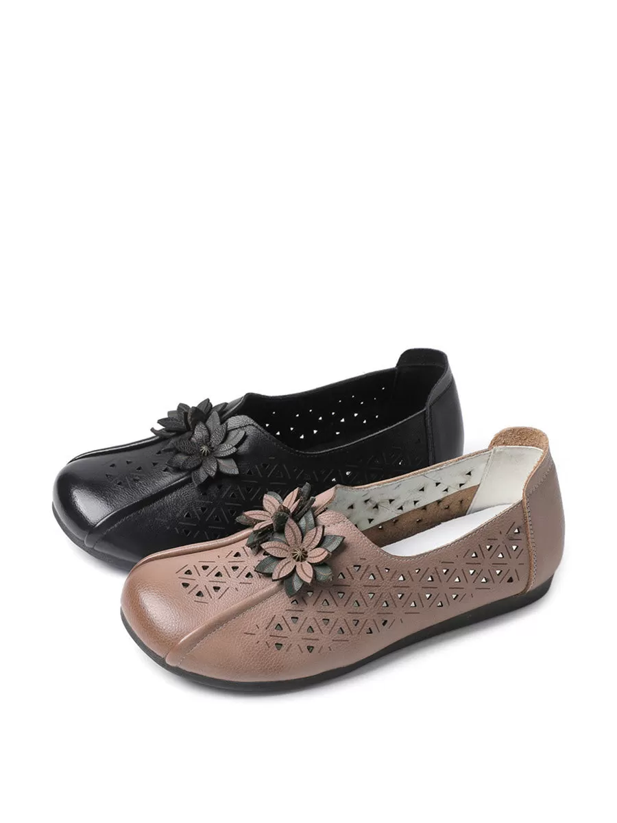 Women Vintage Leather Flower Cutout Flat Shoes PA1026