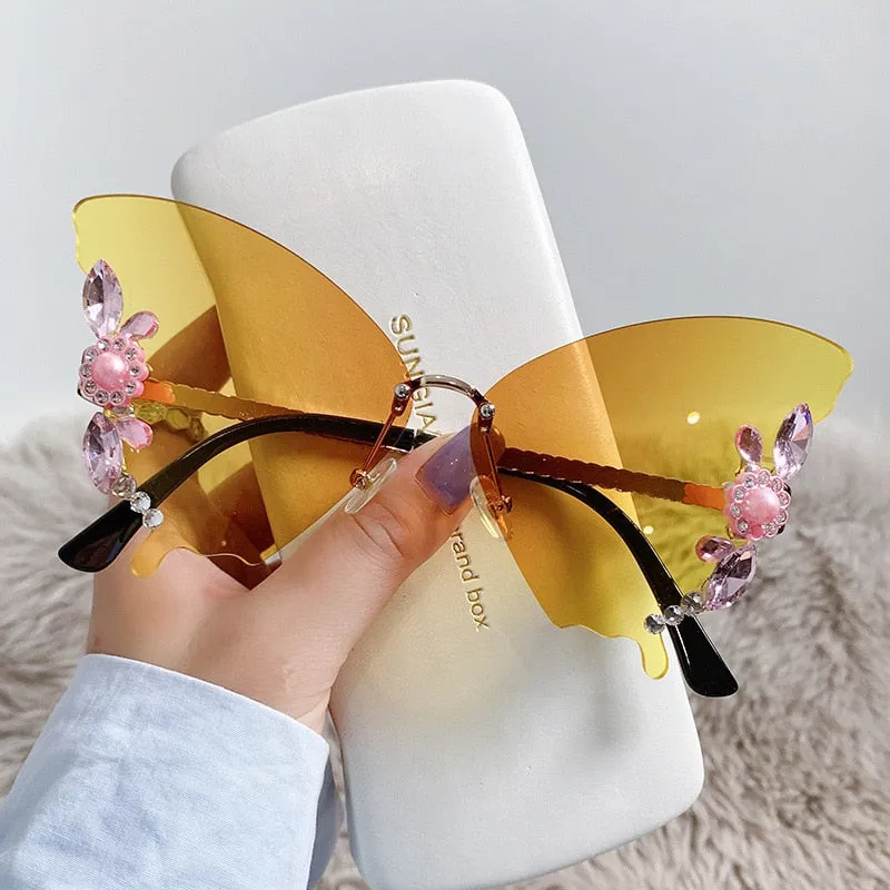 Women's Butterfly Crystal Decor Rimless Gradient Shade Sunglasses