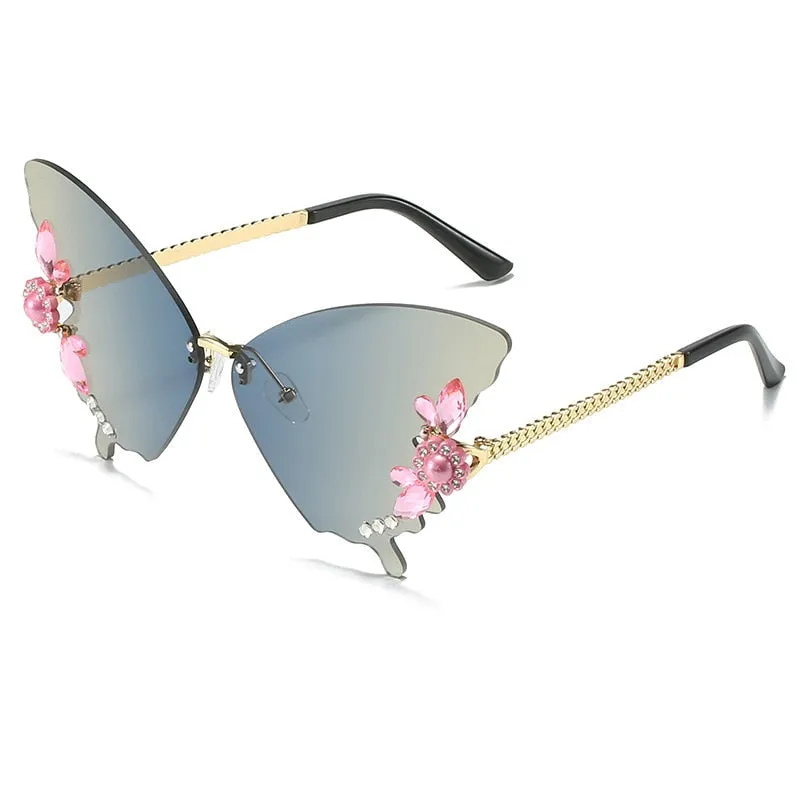 Women's Butterfly Crystal Decor Rimless Gradient Shade Sunglasses