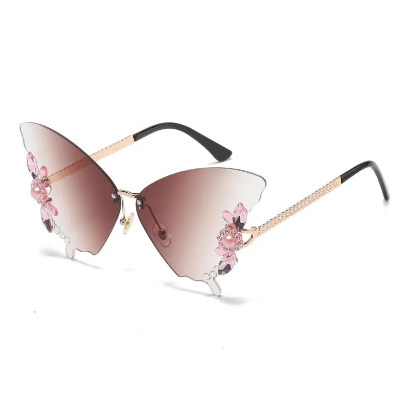 Women's Butterfly Crystal Decor Rimless Gradient Shade Sunglasses