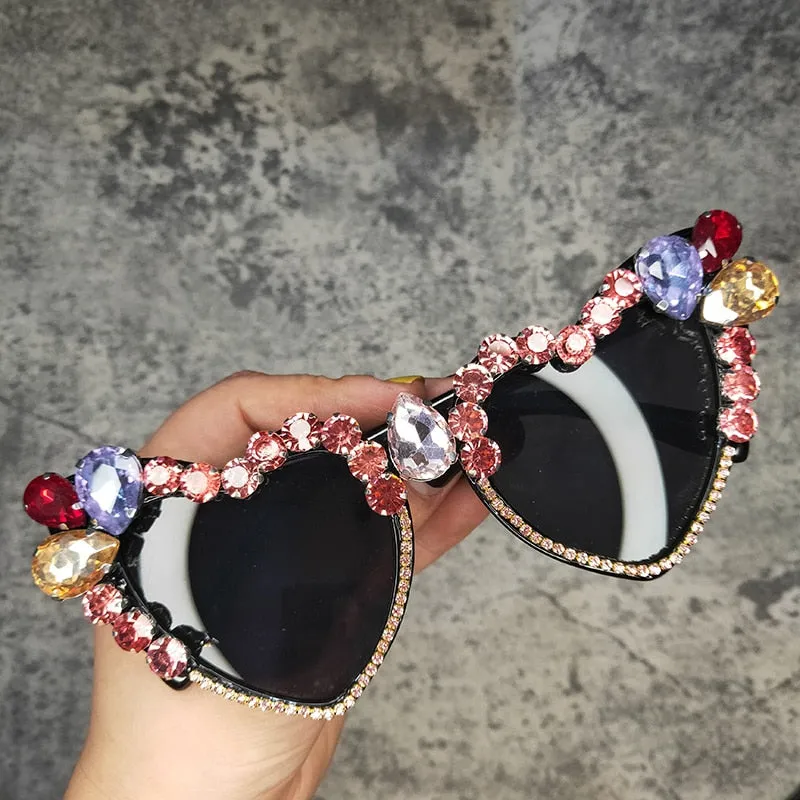 Women's Heart-Shaped Oversized Crystal Diamond Cat Eye Sunglasses