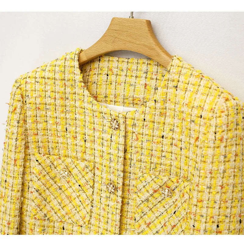 Yellow Luxury Woven Tweed Coat - Small Fragrance Jacket