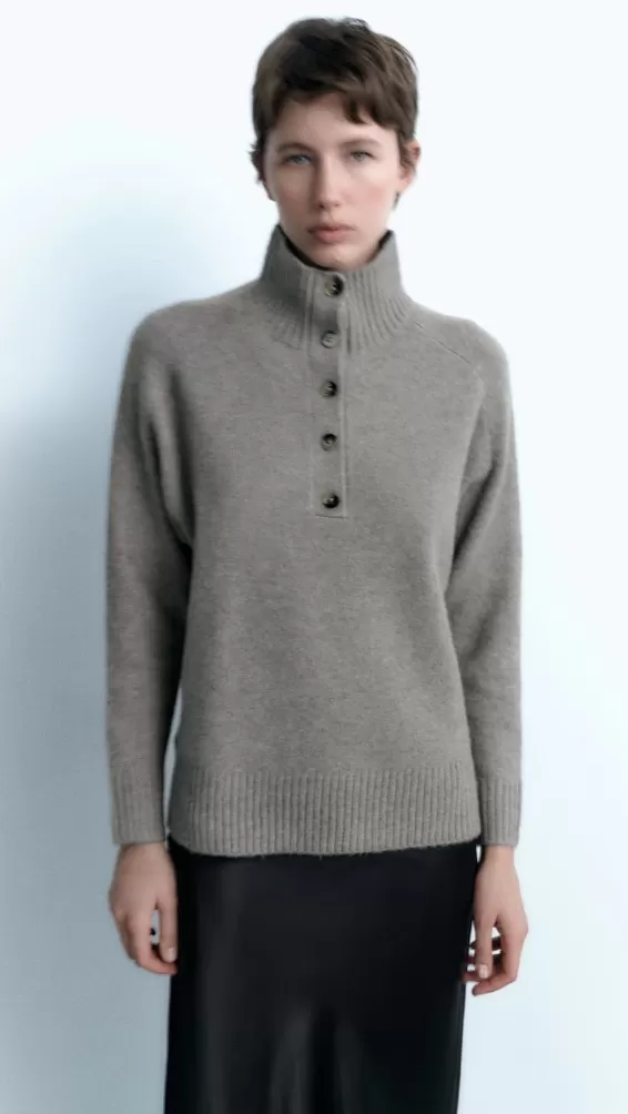 ZARA  |BUTTONED HIGH COLLAR KNIT SWEATER